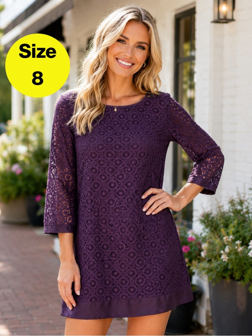 2/for $20 🪩 LAUNDRY Purple Lace Sheath 3/4 Sleeves Mini Dress (Women’s Size 8)